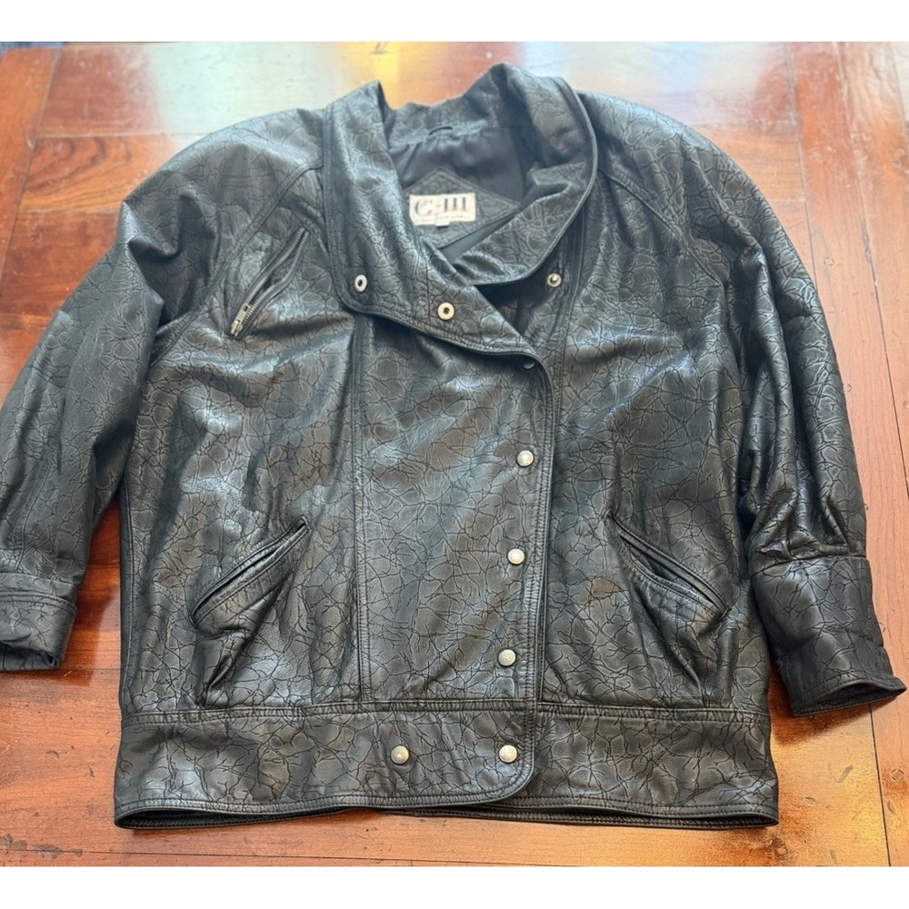 Vtg G-III Black Leather Jacket Womens L Bomber Moto Crinkle Textured 80s
